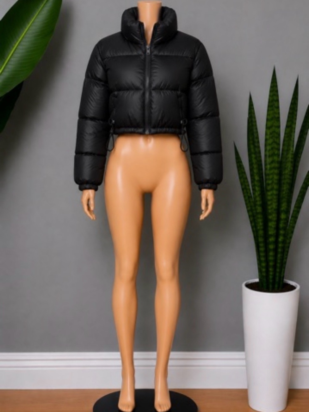 Black Cropped Puffer Jacket - Women